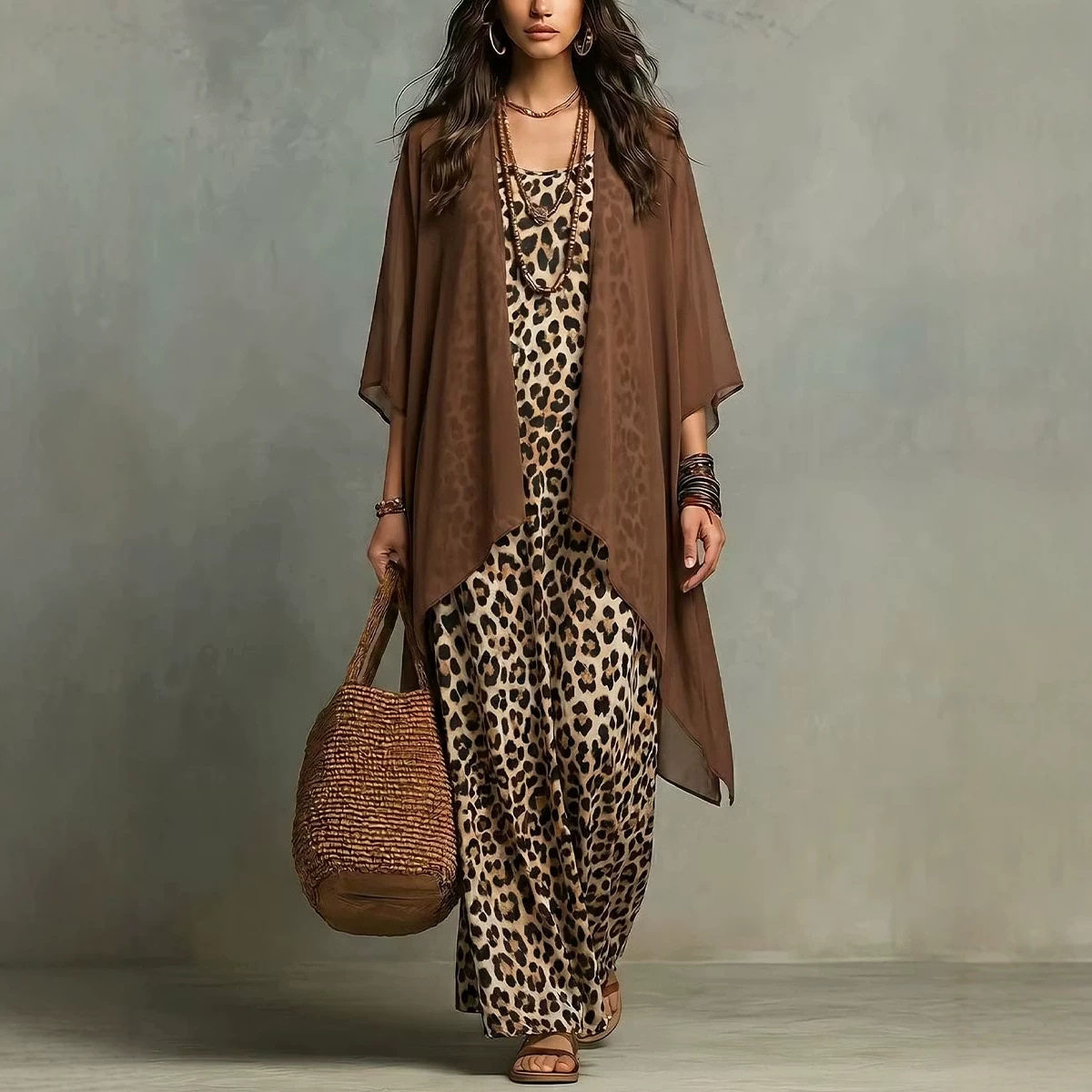 Summer Vacation Clothing Women - فستان شيفون بطبعة الفهد مع حمالات