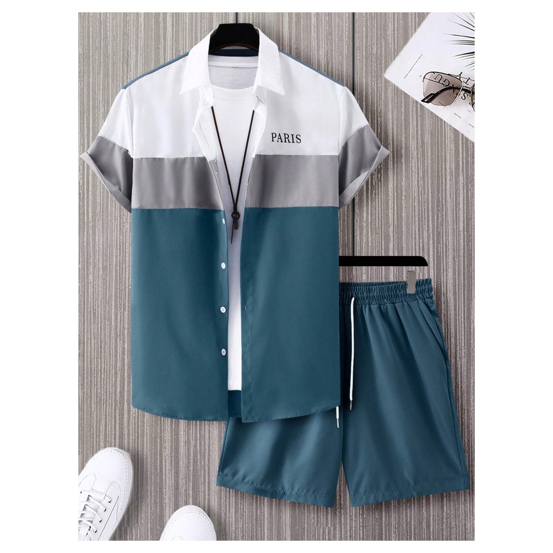 Summer Clothing Beach - بدلة رجالية أنيقة زرقاء وبيضاء بتصميم